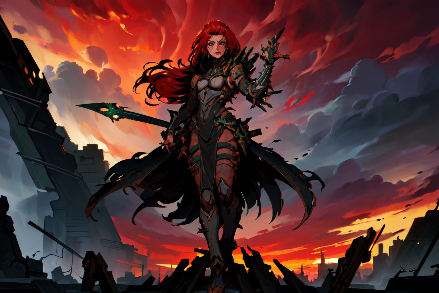full body, beautiful eyes, high detail skin, high detail eyes, high detail hair, highres, ultra detailed, sharpen picture, Highly detailed, masterpiece, best quality, photorealistic,
<lora:KimsanleeStyle3Lora:0.9> kimsan, ((a woman wearing a scifi warrior outfit, metalbones, spikes, red sky, green clouds, ruins of a city