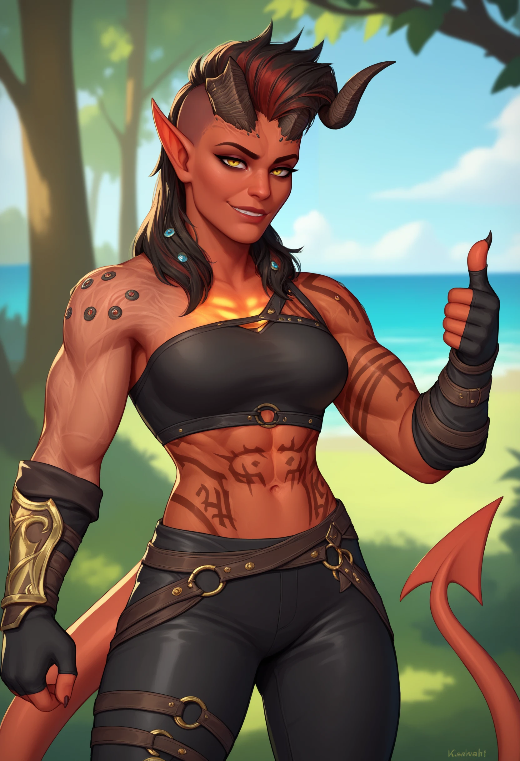 score_9, score_8_up, score_7_up, 1girl, solo, KarlachBG3, colored skin, demon girl, tail, yellow eyes, tattoo, <lora:KarlachBG3PDXL_V1-Manityro-adamw:1.0>, indoors, forest, ocean, fantasy, water, looking at viewer, bedroom eyes, toned, 6 pack abs, crop top, black pants, torn pants, leather armor, straps, thumbs up, gloves, vambraces,