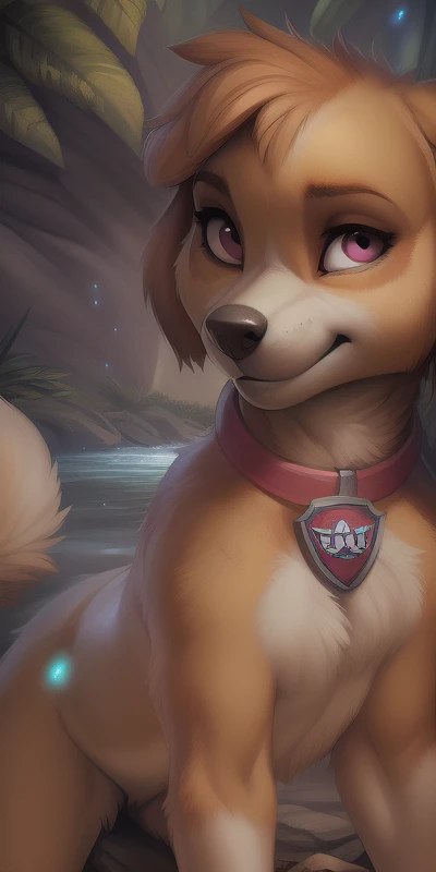 (by Homogenousrule, by Wildering, by Foxovh, by Catcouch),
solo, female, looking at viewer, smile, three-quarter portrait,
<lora:Skye_PawPatrol_RETRAIN:0.8> skyepawpatrol, skye \(paw patrol\),
goggles, vest, collar,
(jungle, river, rock, firefly, night, glowing), (detailed background, depth of field, ambient silhouette, backlighting), masterpiece, best quality, 4k, 2k, (intricate:0.9), (high detail, shaded, realistic:1.25), absurd res