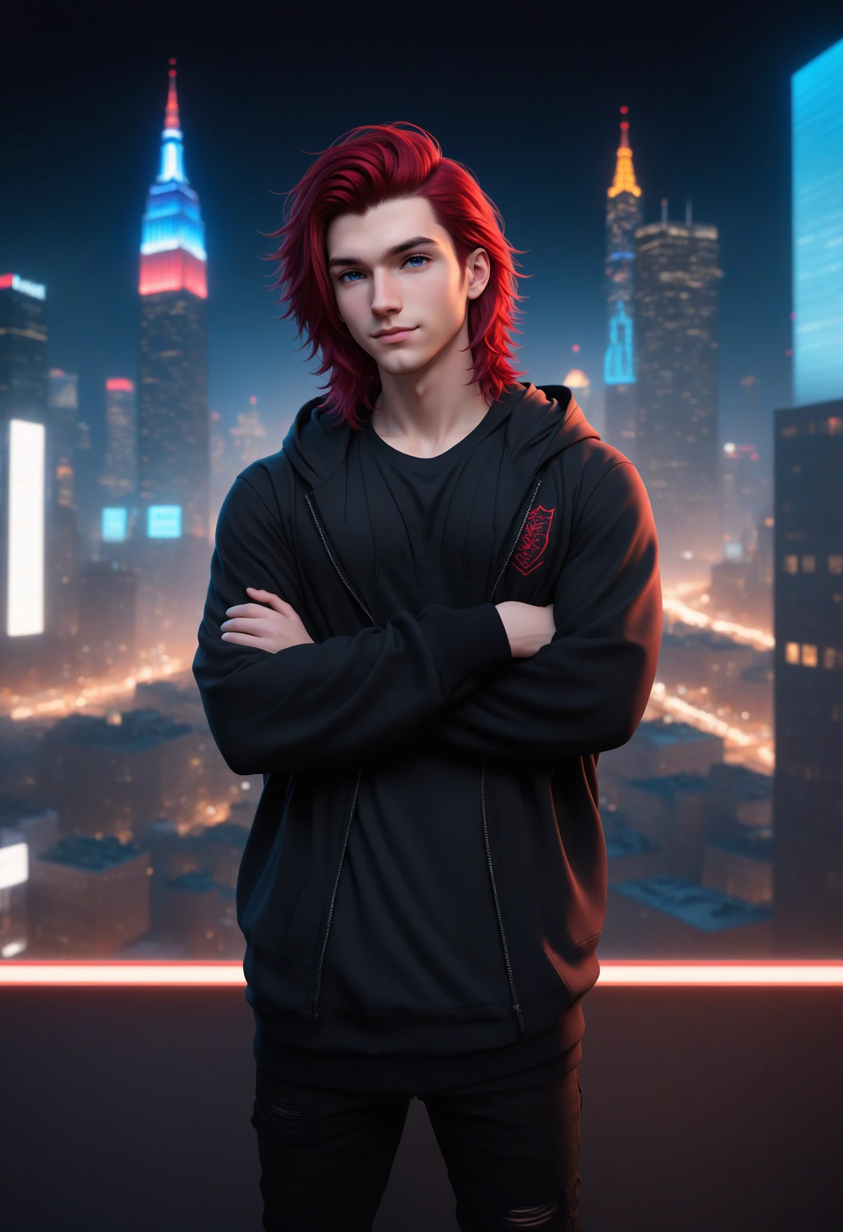 1boy, male focus, femboy vibes, pale skin, american, long hair, fluffy hair, two tone hair, red hair, black hair, hooded jacket, tshirt, tattoos, friendly, smirk, LuT_RBR , full body, arms crossed, standing, cityscape, best illustration, cinematic angle, cinematic lighting, masterpiece, official art