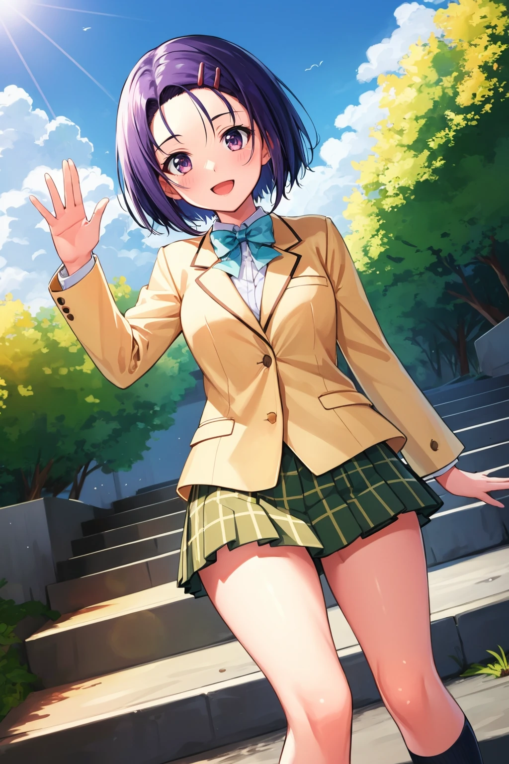 masterpiece, best quality, <lora:tlrharuna-nvwls-v1-000009:0.9> tlrharuna, hairclip, green bowtie, yellow blazer, long sleeves, green miniskirt, plaid, :D, waving, blue sky, clouds, socks, loafers, stairs, raised arm, looking at viewer
