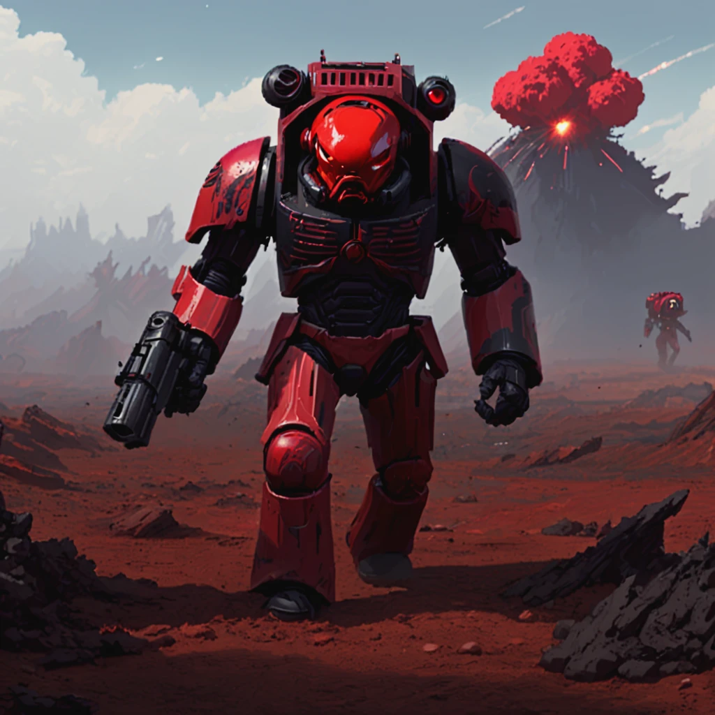 a red and black trmntr with a red helmet holding an assault cannon walks across an alien battlefield searching for enemies, rockets streak across the sky and explode into the landscape,