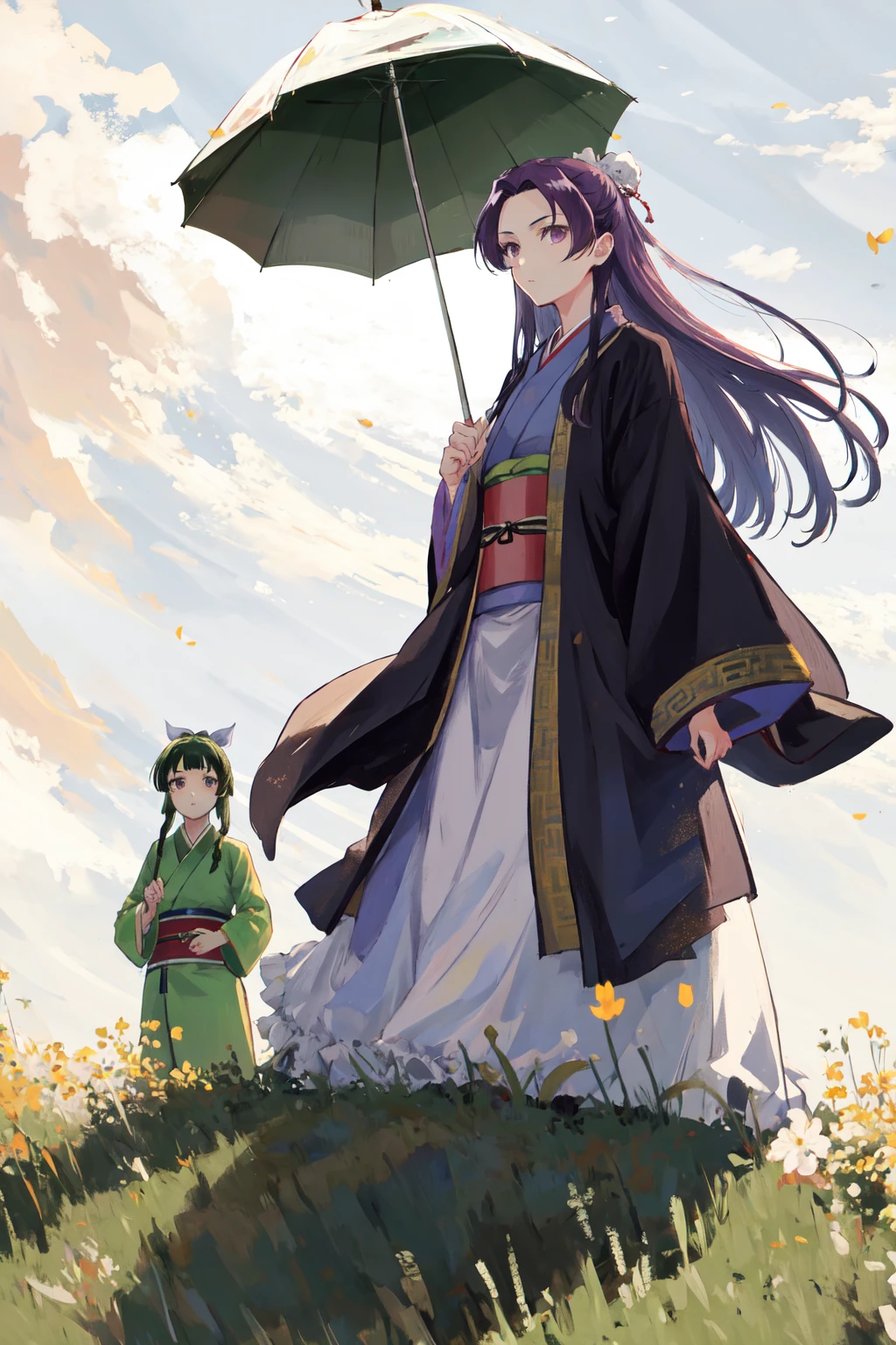 masterpiece, best quality, highres, woman with a parasol holding umbrella
<lora:woman_with_a_parasol_parody:1>
1boy jinshi, black robe hanfu,
(1girl maomao:0.8), (hair ribbon green chinese clothes red skirt:0.7)
<lora:jinmao_2:1>