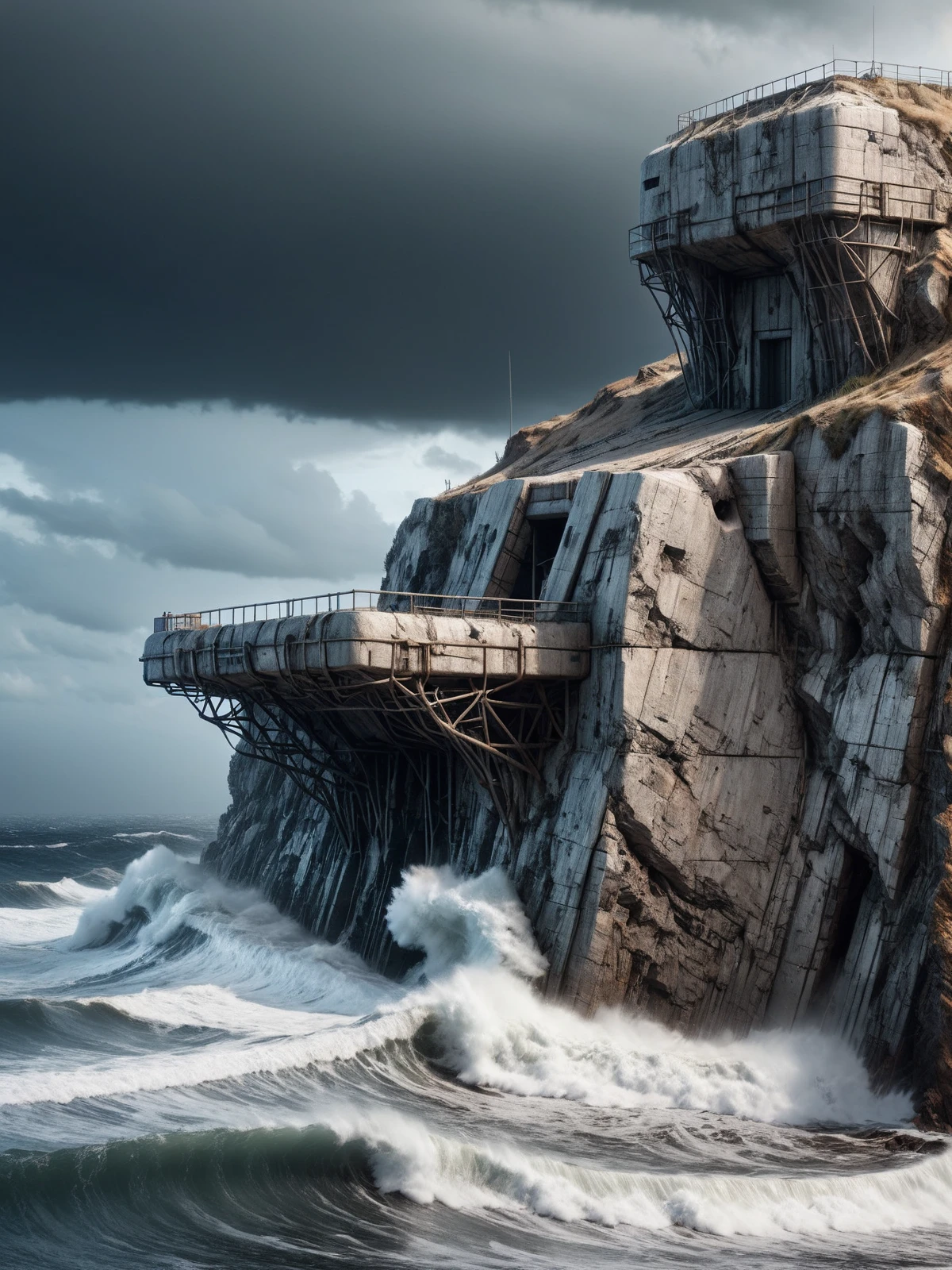 futuristic bunker made of mad-rnfcnct on a cliff on the shore, storm waves clash against the cliff  <lora:Derilict_Concret_SDXL:0.9>, (masterpiece:1.2), best quality, (hyperdetailed, highest detailed:1.2), high resolution textures