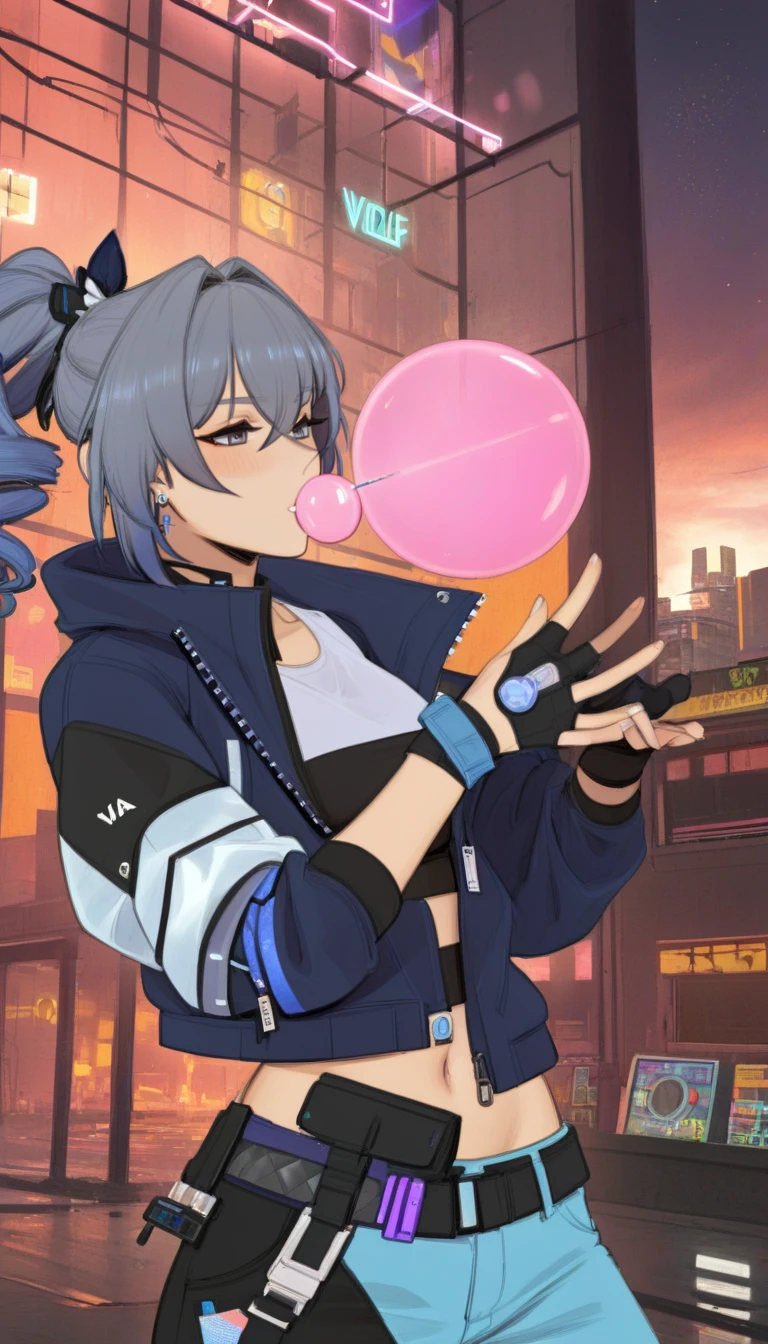 1girl, ((silver wolf honkai: star rail)), bow, black gloves, black jacket, black sports bra, blush stickers, bow, bubble blowing, chewing gum, crop top, cropped jacket, crossed bangs,  ear piercing, earrings, fingerless gloves, fishnets, fur-trimmed jacket, garter straps, gloves, grey eyes, grey hair, drill hair,  hip vent, jacket, long sleeves, looking to the side, medium hair, midriff, multicolored clothes, multicolored jacket, navel, off shoulder, open clothes, open jacket, partially unbuttoned, piercing, puffy long sleeves, puffy sleeves, shirt, short shorts, short sleeves, shorts, single-shoulder shirt, solo, sports bra, stomach, throwing, cyberpunk backgound, neon, outdoors, white shirt, zipper pull tab, 