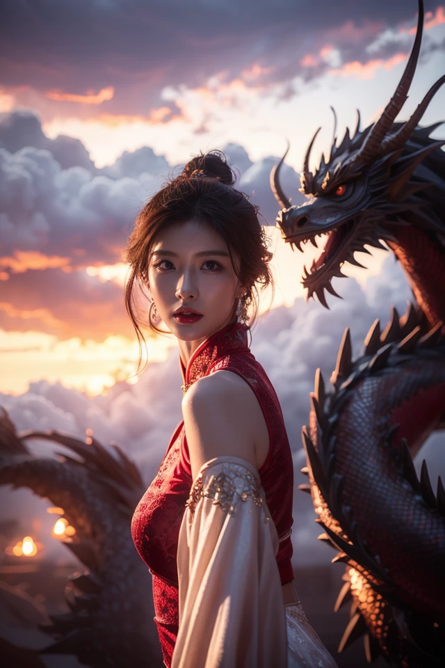 Dragon chant,1girl,dragon,dress,black hair,cloud,eastern dragon,white dress,brown hair,looking at viewer,cloudy sky,armor,realistic,solo,horns,sky,outdoors,blurry,short hair,teeth,fantasy,red lips,brown eyes,hair ornament,standing,chinese clothes,makeup,claws,
best quality,masterpiece,illustration,an extremely delicate and beautiful,CG,unity,8k wallpaper,Amazing,finely detail,masterpiece,official art,extremely detailed CG unity 8k wallpaper,incredibly absurdres,huge filesize,ultra-detailed,highres,extremely detailed,beautiful detailed girl,realistic,<lora:Dragon chant_20240227032919:0.8>,<lora:ZOE:0.8>,