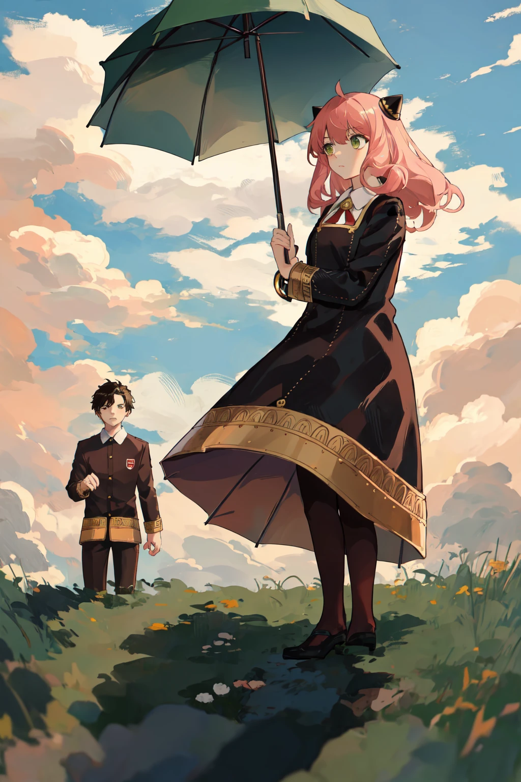 masterpiece, best quality, highres, 1girl anya, eden academy uniform,
woman with a parasol holding umbrella
<lora:woman_with_a_parasol_parody:1>
<lora:damian_anya_d32:1>
1boy (damian:0.8)