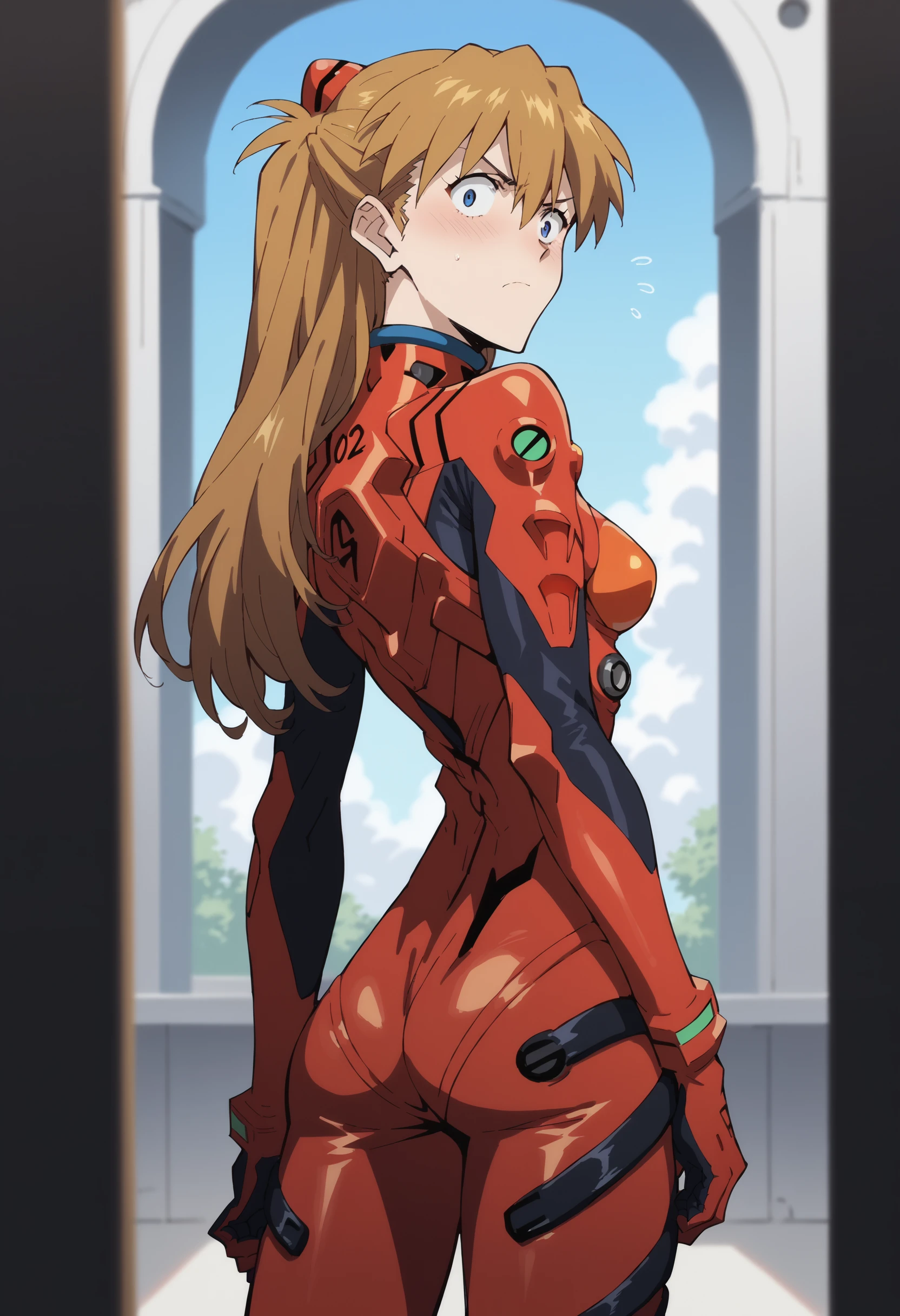 core_9, score_8_up, score_7_up, score_6_up, score_5_up, score_4_up,source_anime, indoors in a palace, looking back, embarassed expression,red plugsuit <lora:Smooth Anime Style LoRA XL:1> <lora:asukatopXL_Pony_v1:1> asklng1, 1girl, long hair, solo, orange hair, blue eyes