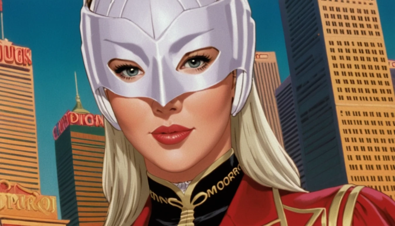 ZechsMerquiseMask, art by Gil Elvgren, Adrian Smith and Kelly Freas, close up of a Jennie Garth, Jennie Garth is lowborn, she is wearing Venetian wearing a mask, Technopunk, still, Kodak portr400, F/8, cityscape