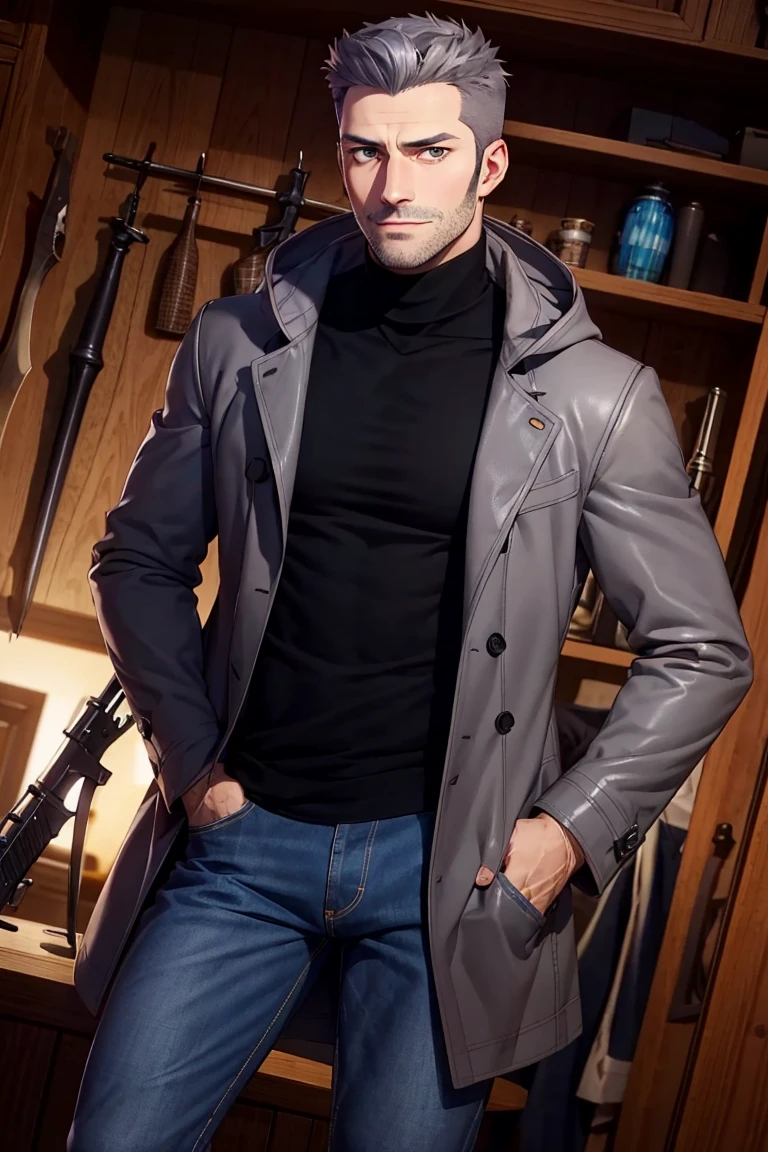 (1 image only), solo male, Munehisa Iwai, Persona, Asian, Japanese, Weapons Dealer, grey hair, short hair, crewcut, stubble, grey eyes, sideburns, black turtleneck sweater, long gray coat, open coat, coat hood down, simple blue jeans, black leather boots, mature, masculine, handsome, charming, alluring, smile, perfect anatomy, perfect proportions, (best quality, masterpiece), (perfect eyes), high_resolution, dutch angle, [cowboy shot], weapon shop,<lora:EMS-305082-EMS:0.700000>