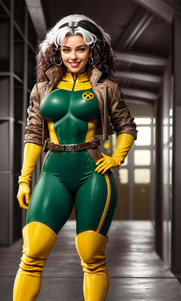 roguexm92, 1girl, photorealistic, x-men, big hair, two-tone hair, brown and white hair, green headband, yellow and green bodysuit,short jacket, gloves, smile, wavy hair, dimple, large breasts, wide hips, muscular, loose belt, full body, yellow boots, tactical suit