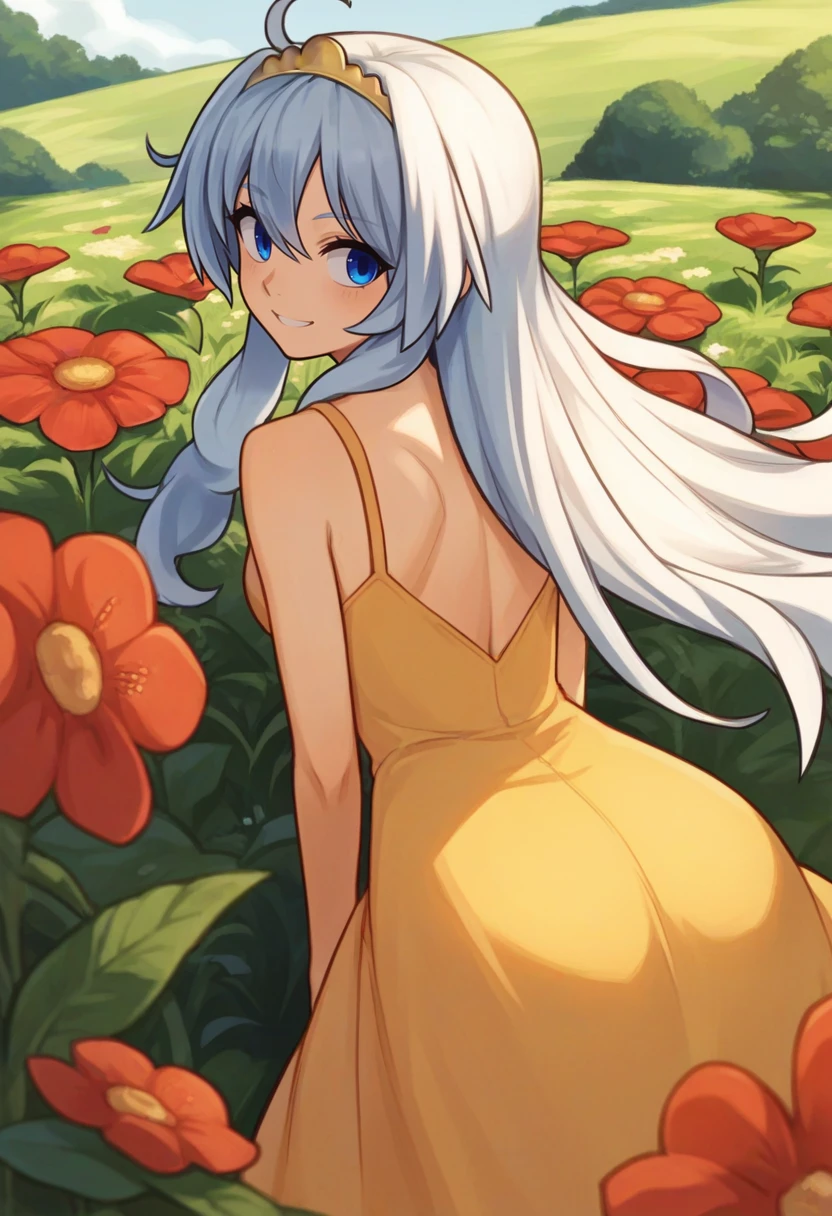 score_9, score_8_up, score_7_up, source_anime, from behind, solo, 1girl, mirabelle, smile, looking back, white hair, ahoge, tiara, blue eyes, yellow sundress, outdoors, flower field <lora:mirabeaustudios_mirabelle_ponyXL:1>