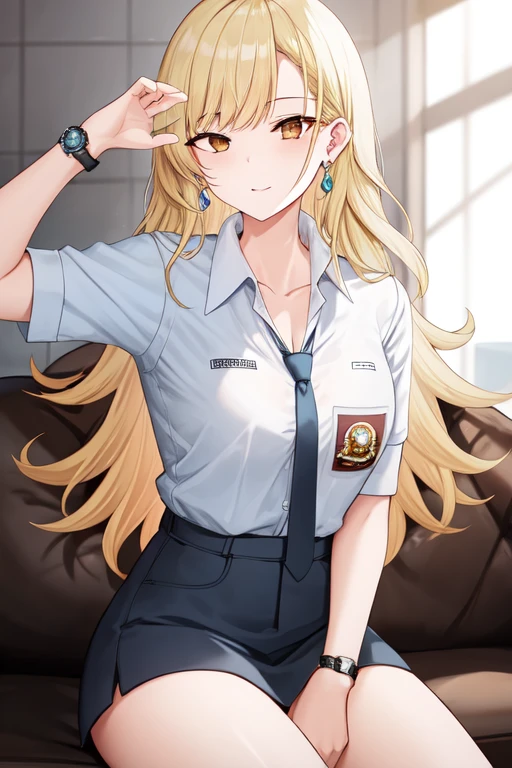 IHSU, collarbone, blonde hair, sitting, brown eyes, blue necktie, earrings, cowboy shot, watch, wristwatch, thighs