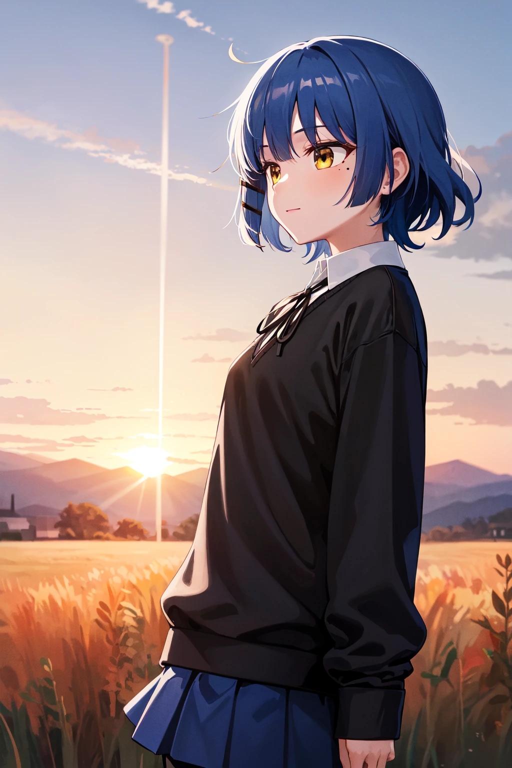 masterpiece, best quality, highres, aaryo, short hair, hair ornament, mole under eye, neck ribbon, (black sweater:1.2), long sleeves, pleated skirt, blue skirt, black pantyhose, <lora:yamada_ryo_v1:0.7>, from side, sunset, field