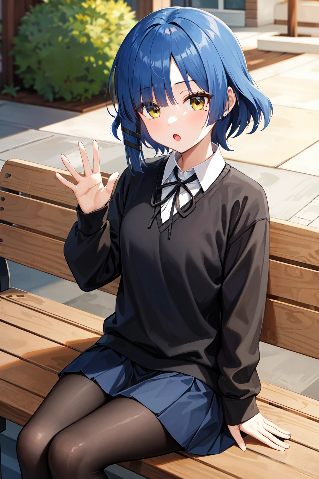 masterpiece, best quality, highres, aaryo, short hair, hair ornament, mole under eye, neck ribbon, (black sweater:1.2), long sleeves, pleated skirt, blue skirt, black pantyhose, <lora:yamada_ryo_v1:0.7>, sitting, outdoors, bench, :o, waving