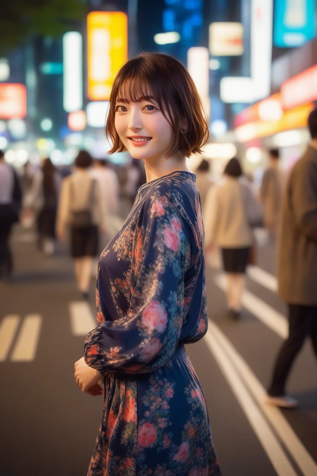 1girl,(RAW photo, best quality), (realistic, photo-realistic:1.4), masterpiece, an extremely delicate and beautiful, extremely detailed, 2k wallpaper, Amazing, finely detail, extremely detailed CG unity 8k wallpaper, ultra-detailed, highres, hard light, beautiful detailed girl, extremely detailed eyes and face, beautiful detailed nose, beautiful detailed eyes,cinematic lighting,
on the streets of shibuya,tokyo, neon lights,city lights at night,crowd,(bokeh:1.2)
wearing blouse with floral pattern and skirt,smiling, <lora:MTAHanazawaKanaXL:1>,short hair