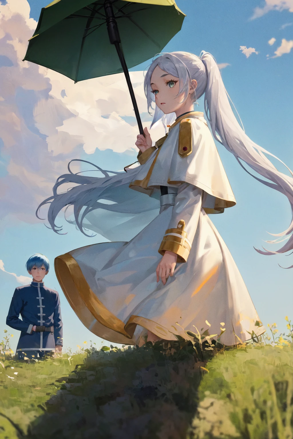 masterpiece, best quality, highres, woman with a parasol holding umbrella
<lora:woman_with_a_parasol_parody:1>
1girl frieren, white capelet striped shirt dress,
1boy himmel, cloak uniform
 <lora:himmel_frieren_5:1>