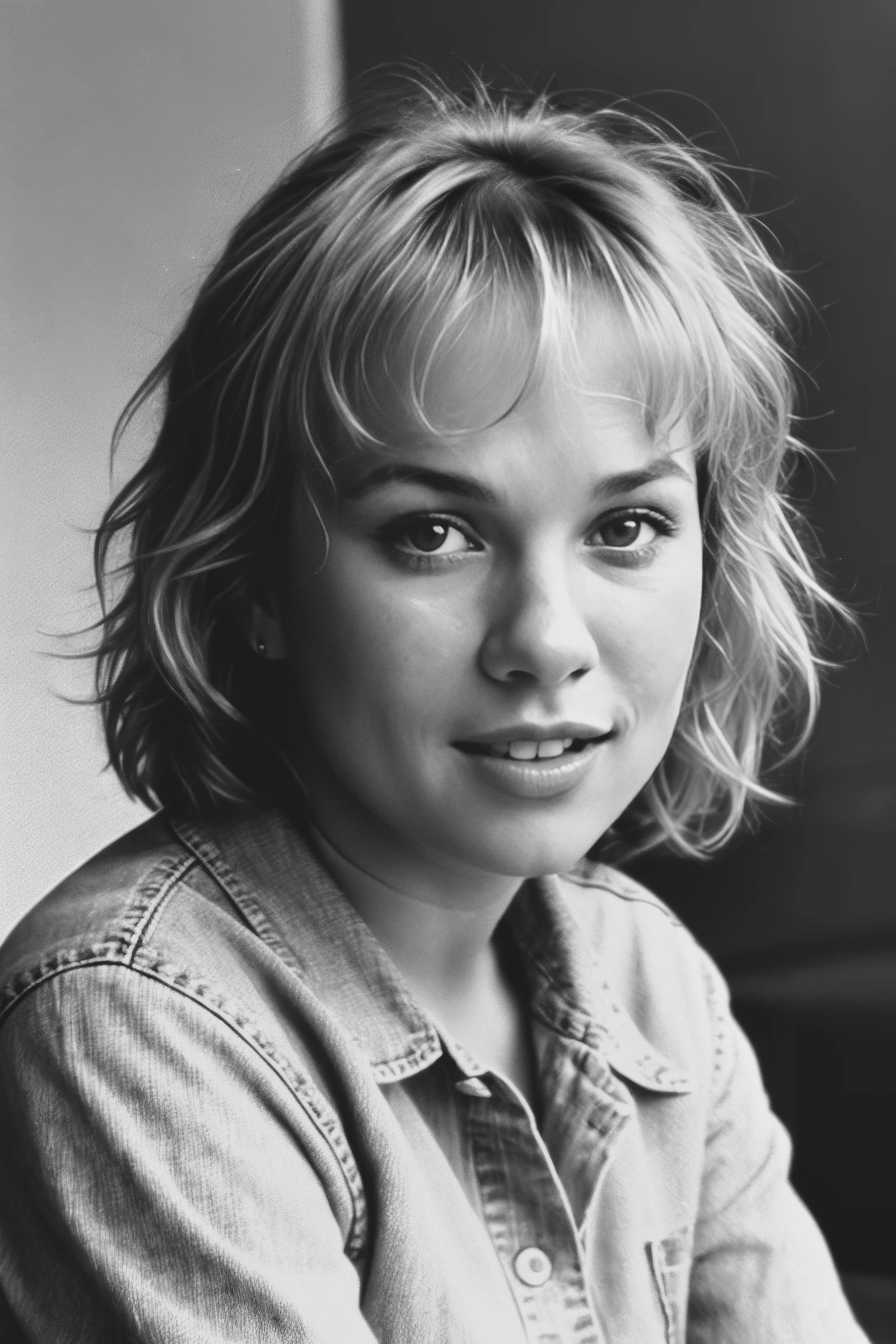 closeup headshot of (CTI_moniqu3vand3v3n:0.95), (shirt and jeans), (open mouth:0.7), flirtatious expression, (short curly blonde hair), shallow depth of field, vignette, epic, gorgeous, film grain