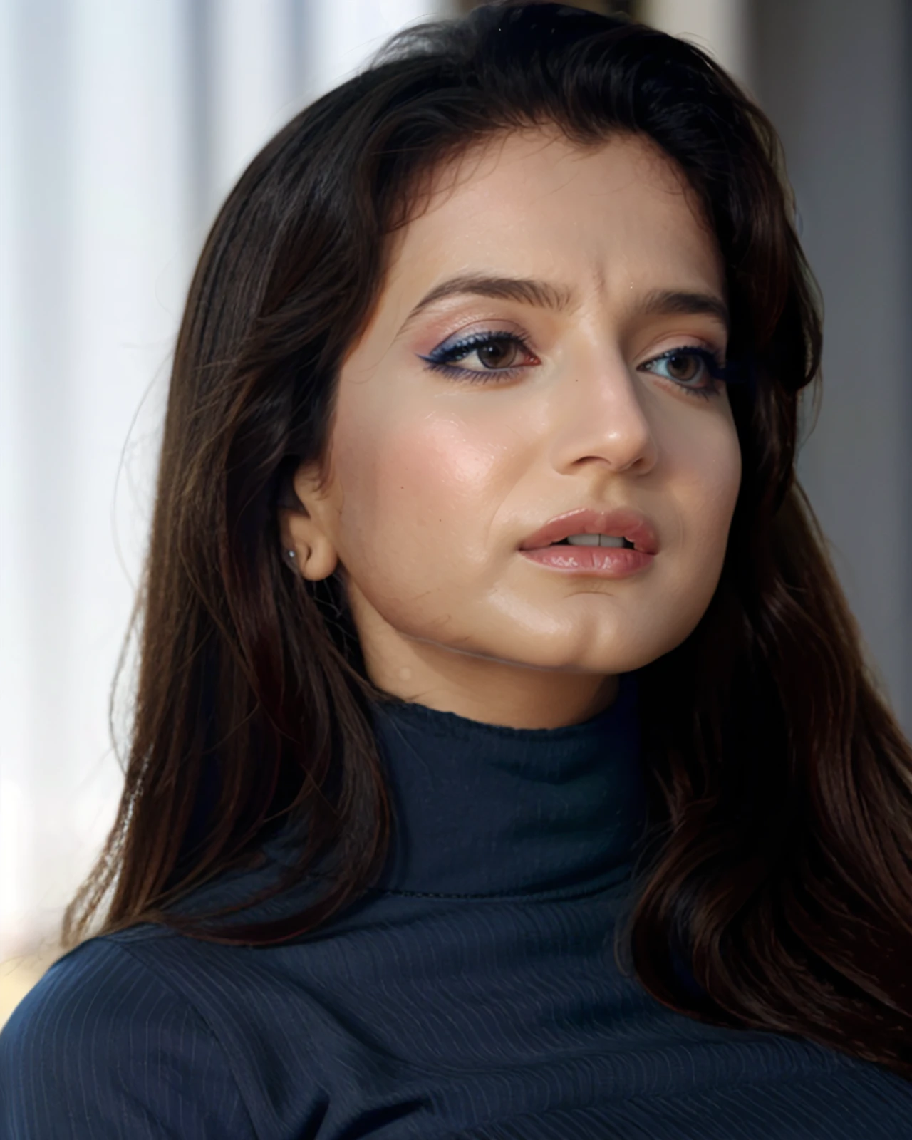 photo of ampa woman, conservatively dressed wearing high neck Navy Blue clothing, looking at camera, curious expression on face, dark brown eyes, bright lipstick, simple background in bokeh  <lora:ampa_Ameesha_Patel_SD15_LoRA_prodigy_local_regs:1>