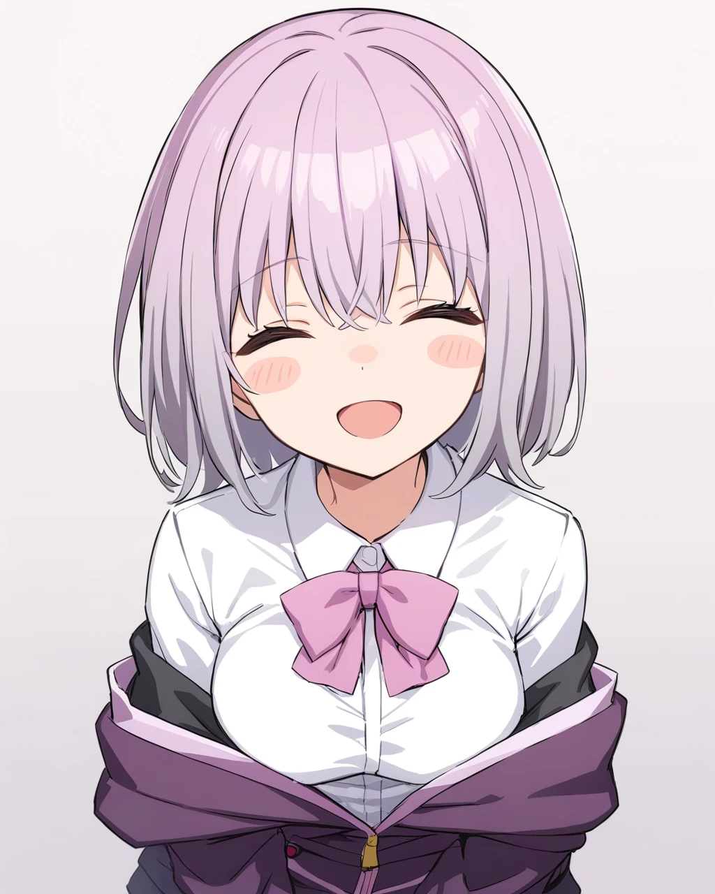 masterpiece,best quality,game cg,<lora:shinjou_akane:1>,1girl, shinjou_akane, ssss.gridman, gridman_universe, collared_shirt, white_shirt, purple_jacket, dress_shirt, upper_body, shirt, breasts, pink_bow, closed_eyes, jacket, cropped_torso, smile, dot_nose, :d, solo, open_mouth, facing_viewer, brown_background, =_=, pink_hair, blush_stickers, off_shoulder, bow, medium_breasts