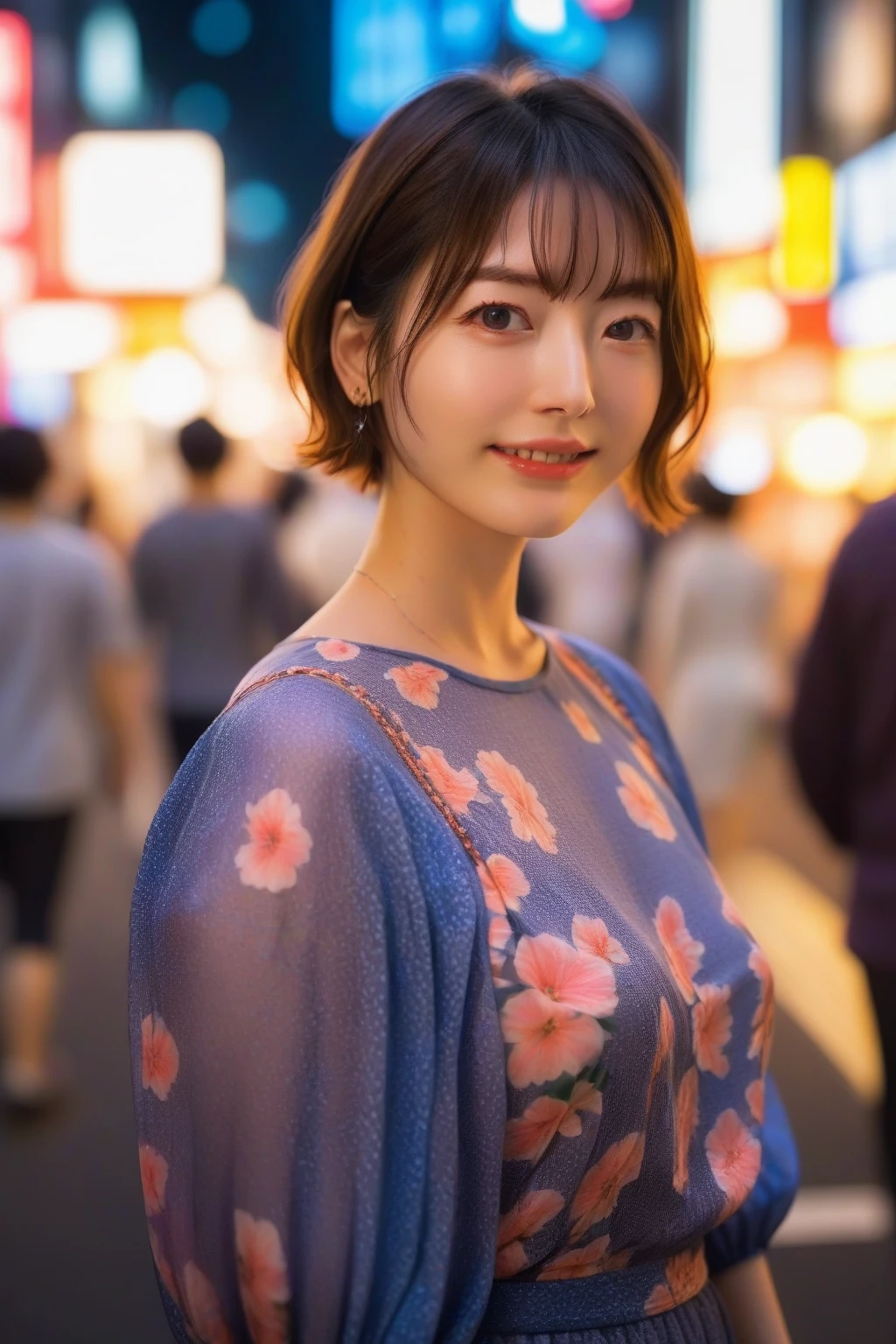 1girl,(RAW photo, best quality), (realistic, photo-realistic:1.4), masterpiece, an extremely delicate and beautiful, extremely detailed, 2k wallpaper, Amazing, finely detail, extremely detailed CG unity 8k wallpaper, ultra-detailed, highres, hard light, beautiful detailed girl, extremely detailed eyes and face, beautiful detailed nose, beautiful detailed eyes,cinematic lighting,
on the streets of shibuya,tokyo, neon lights,city lights at night,crowd,(bokeh:1.2)
wearing blouse with floral pattern and skirt,smiling, <lora:MTAHanazawaKanaXL:1>,short hair