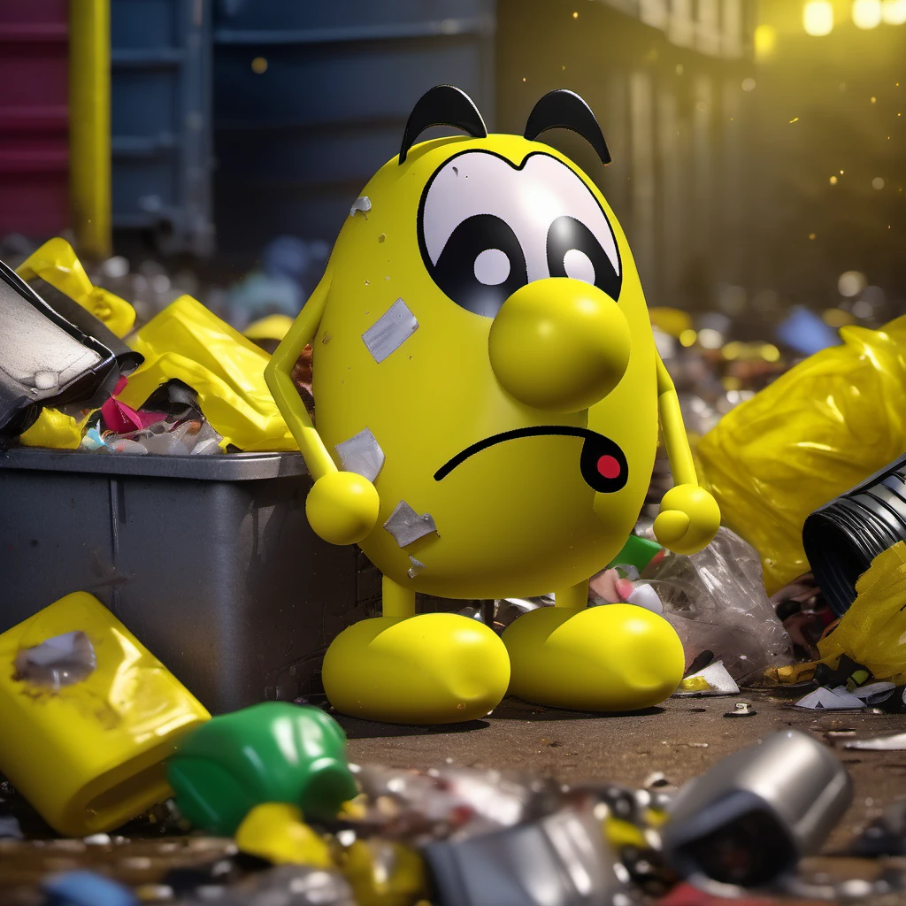 <lora:blp3ggbrt_newest:0.9> a sad yellow blp3ggbrt cartoon character frowning, frown, sad, mad, shiny, plastic toy, realistic, covered in trash, magical dumpster background