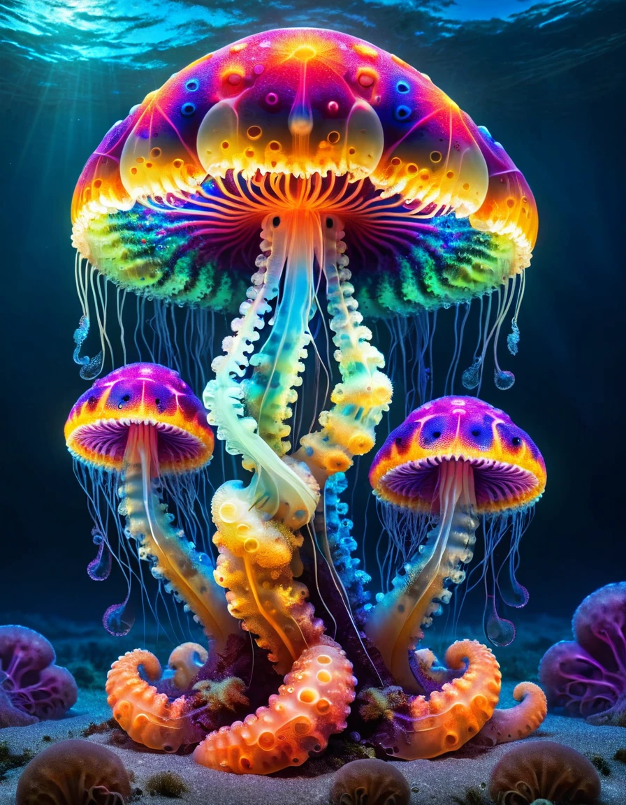 colorful slimey glowing jellyfish mushroom, nature, under water, at night, bright sky <lora:ral-mndlbrt:1> ral-mndlbrt