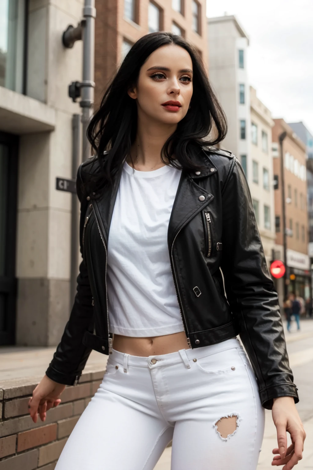 <lora:mondongo_LoRA_KrystenRitter_v2:1> mndngwmn, wearing a leather jacket, white t-shirt, jeans, on a city downtown, daytime, (ultra realistic, 8k,high quality)