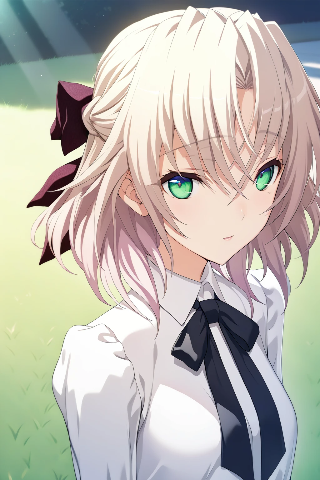 1girl,kagamigawa noelle,summer outfit,hair bow,green vertical-striped skirt,black bowtie,outside,grass,leaf,sunlight,masterpiece,solo,best quality,game cg,(illustration:1.2),(extremely fine and beautiful),(perfect details),(ray tracing),(unity CG 8K wallpaper:1.05),(beautiful and clear background:1.25),(detailed beautiful eyes:1.2),(beautiful face:1.2),<lora:KagamigawaNoelleXL:1>,