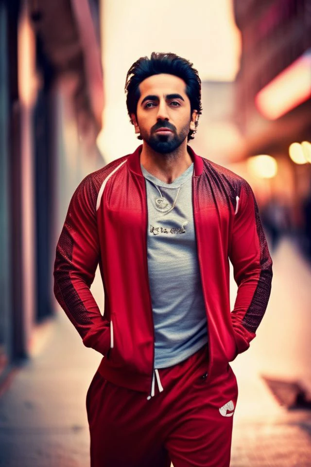 Joe Mantegna a man <lora:ayushman-Joe-Mantegna:0.8>, realistic photo in a worn ((skin-revealing skimpy erotic red tracksuit, massive hairy pecs)), big pecs, big arms, bulge, VPL, ((light bokeh)), intricate, (steel metal [rust]), elegant, erotic, exuding sexual energy, homoerotic, sharp focus, photo by greg rutkowski, soft lighting, vibrant colors, (masterpiece), ((streets)), (detailed face), looking at viewer, light smile, night, walking towards viewer, cinematic lighting, beautiful lighting, cinematic lighting, (hazy filter, film grain:1.2)