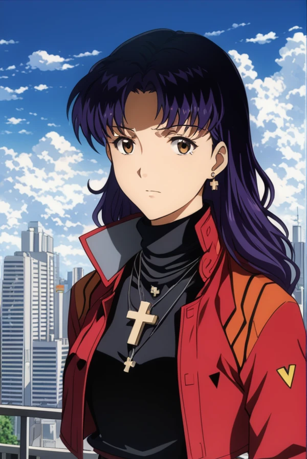 masterpiece, best quality, highres, 4k, 8k, intricate detail, cinematic lighting, amazing quality, amazing shading, soft lighting, Detailed Illustration, anime style,
misatokatsuragi, <lora:misato_katsuragi_rebuild-sdxl-lora-nochekaiser:1>, 
misato katsuragi, long hair, brown eyes, purple hair, parted bangs, mature female, 
skirt, jewelry, jacket, belt, necklace, uniform, cross, red jacket, pencil skirt, cross necklace, red skirt, black shirt, turtleneck, cropped jacket, 
outdoors, city, sky, clouds, 
looking at viewer, contrapposto,