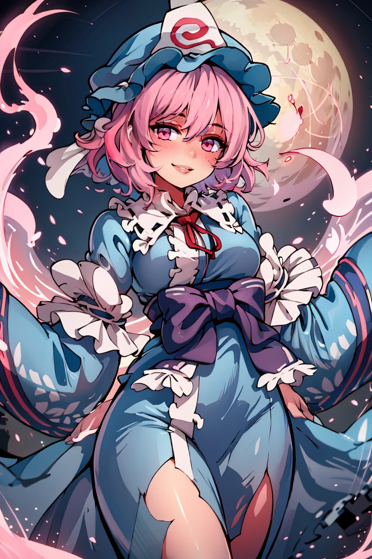 ((masterpiece,best quality)), absurdres, <lora:Saigyouji_Yuyuko_Touhou:0.8>, Saigyouji_Yuyuko_Touhou, 1girl, solo, short hair, pink hair, pink eyes,  mob cap, blue hat,  blue kimono,  solo, smiling, looking at viewer, cowboy shot, full moon, big moon