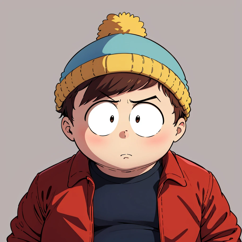 1boy, solo,   Eric Cartman,  short hair,  brown hair, 1boy, hat,  brown eyes, red jacket, beanie, fat, child,   <lora:Eric_Cartman_Leaf2-any:0.6>, cowboy shot, simple background,