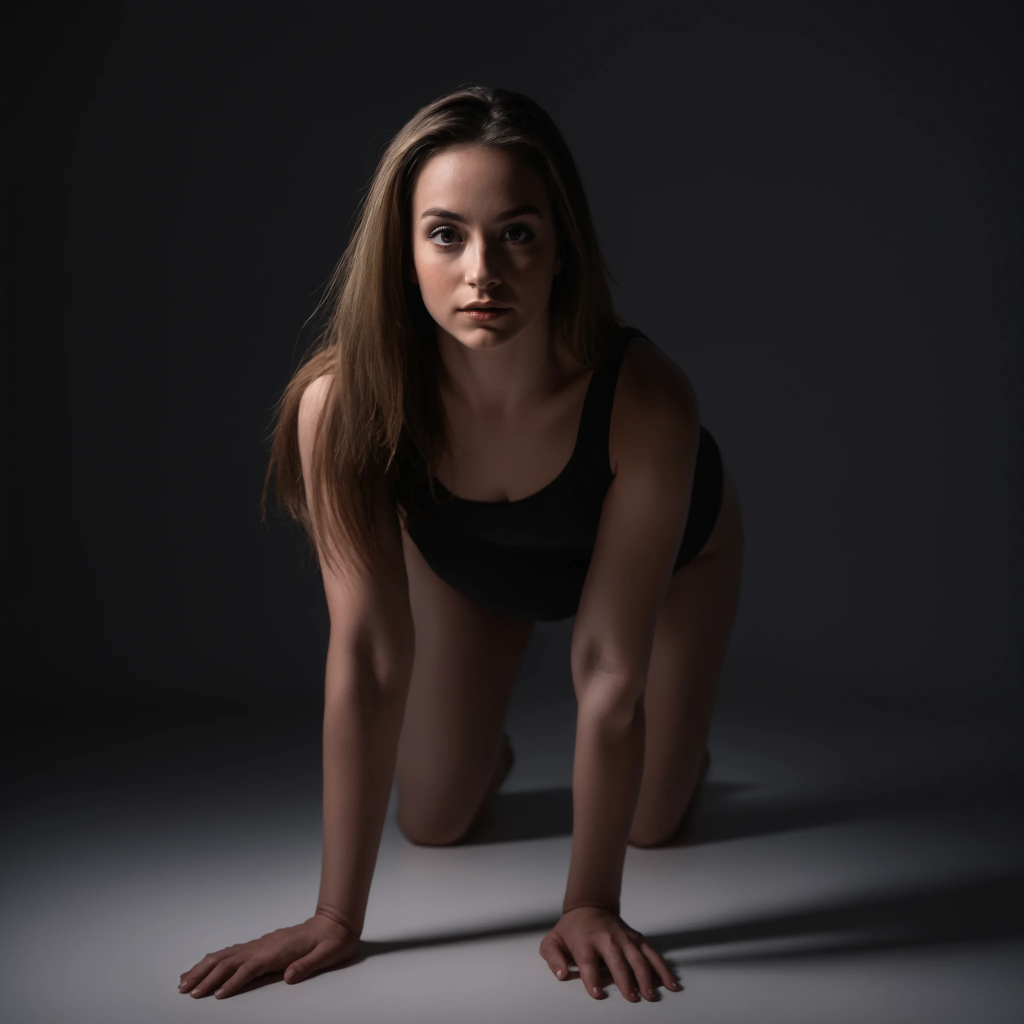 dark photo of a beautiful woman, all fours, rim lighting, high contrast, leotard, looking at viewer, brown eyes, long hair