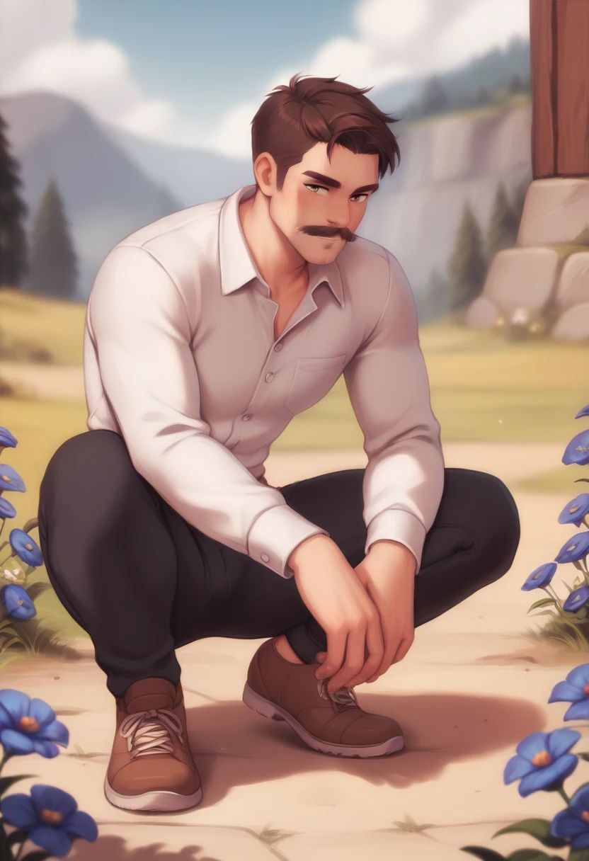 score_9, score_8_up, score_7_up, score_6_up, score_5_up, score_4_up, BREAK 1boy, muscular, solo, shirt, male focus, outdoors, flower, white shirt, shadow, squatting, pants, collared shirt, black pants, grass, long sleeves, short hair, day, black hair, brown hair, blue flower, mustache, shoes, brown footwear, sky<lora:PersonalAmi_PonyXL:1>