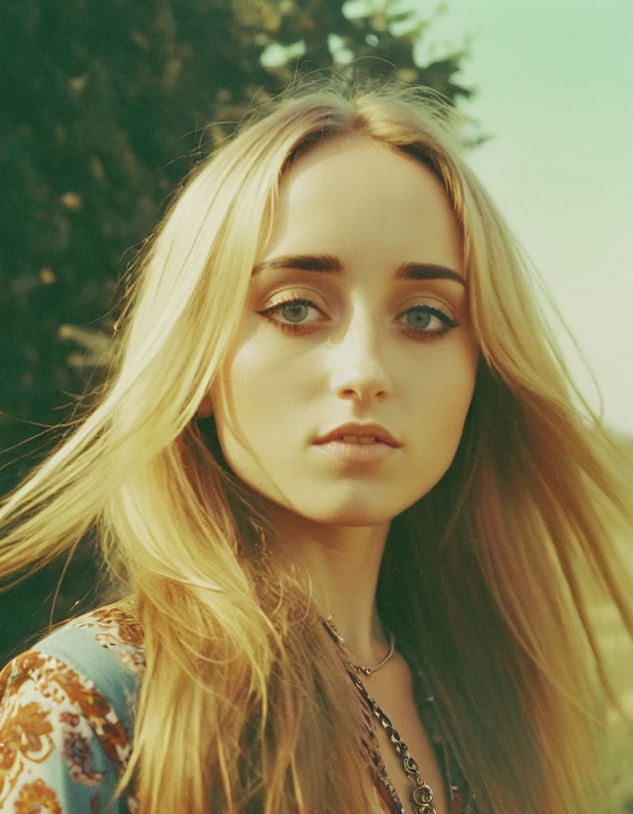 an analog film still by tertius alio of a Captivating bohemian lady looking like gabixl11, Quizzical.