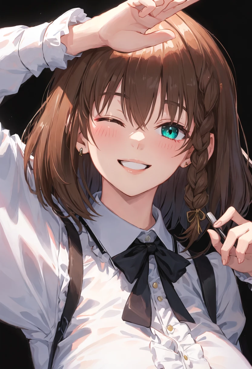 best quality, masterpiece, highres, solo, {charlotte_corday_fgo:0.90}, smile, happy, one_eye_closed, portrait, looking at viewer