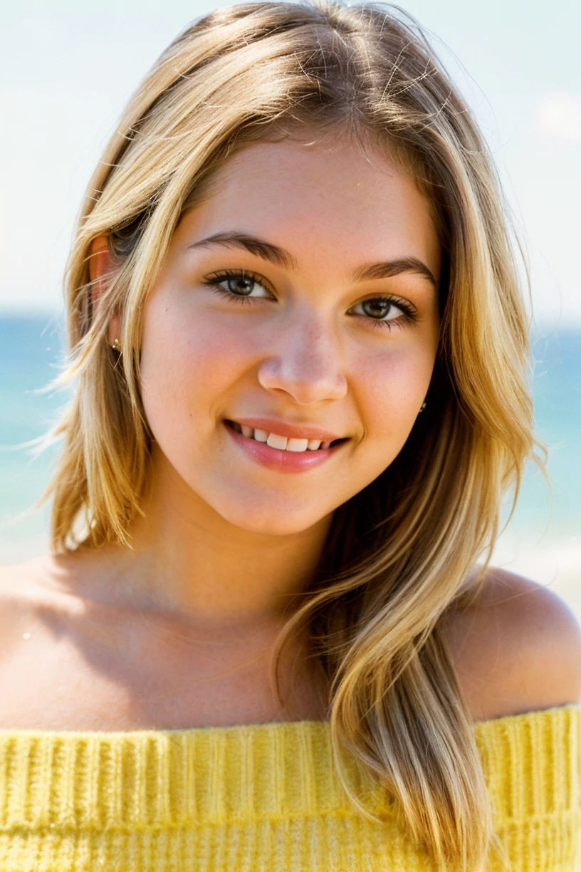 photo of gorgeous (CTI_burglund:0.99)), a beautiful woman, perfect blonde hair blowing in the wind, (smiling), (modern photo), (yellow off-shoulder sweater), closeup portrait, 85mm lens, f16 aperture, (analog, cinematic, film grain:1.3), (geometric halftone background:1.2), detailed eyes, sexy pose, (looking at viewer:1.1), jewelry, (cinematic shot:1.3), (natural lighting)