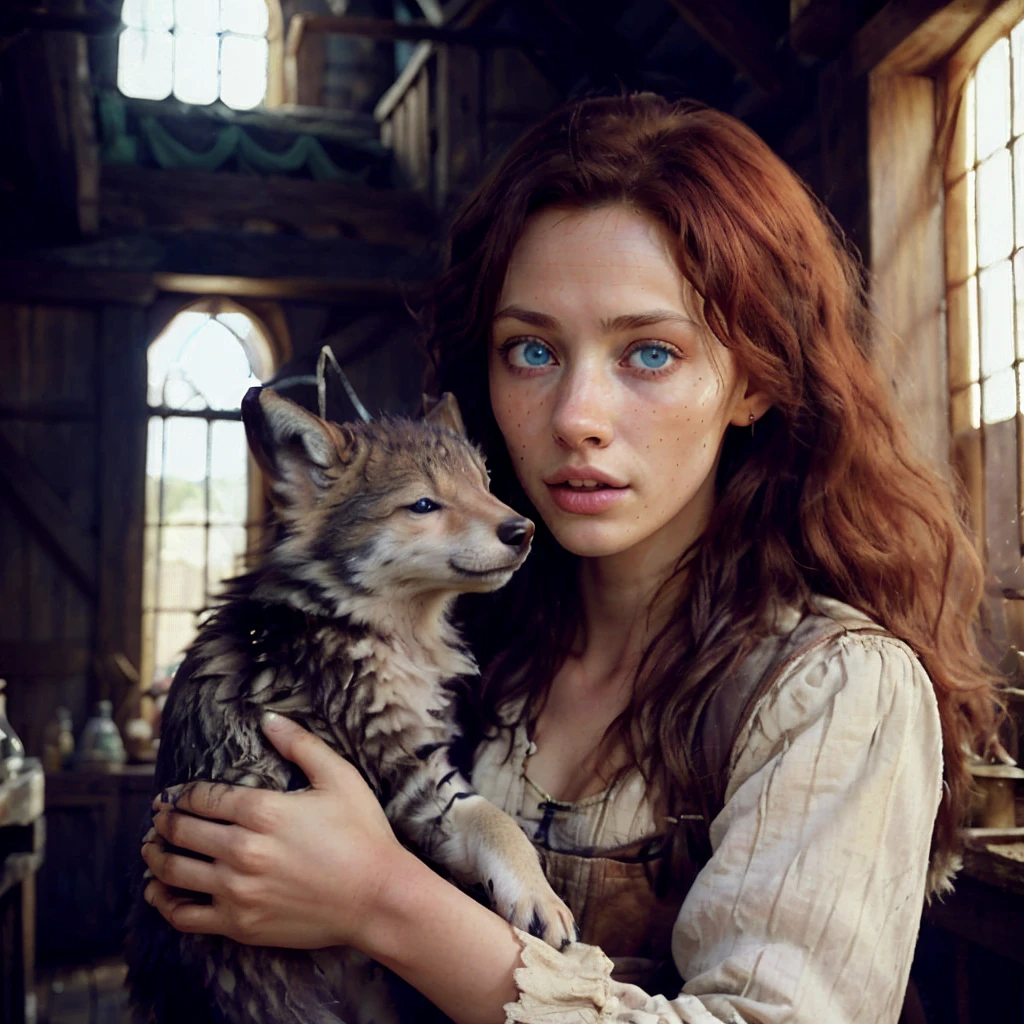 

detailed photograph of 30 year old, animal-trainer with a pet wolf cub.
wearing peasant clothes.
messy hair,
red hair, (blue eyes):0.4,

in a medieval pet shop, cages, rope, candles, animals,


realistic:1.1, depth of field

32k uhd, 


natural light,
(god rays):1.1,
sunny day,





