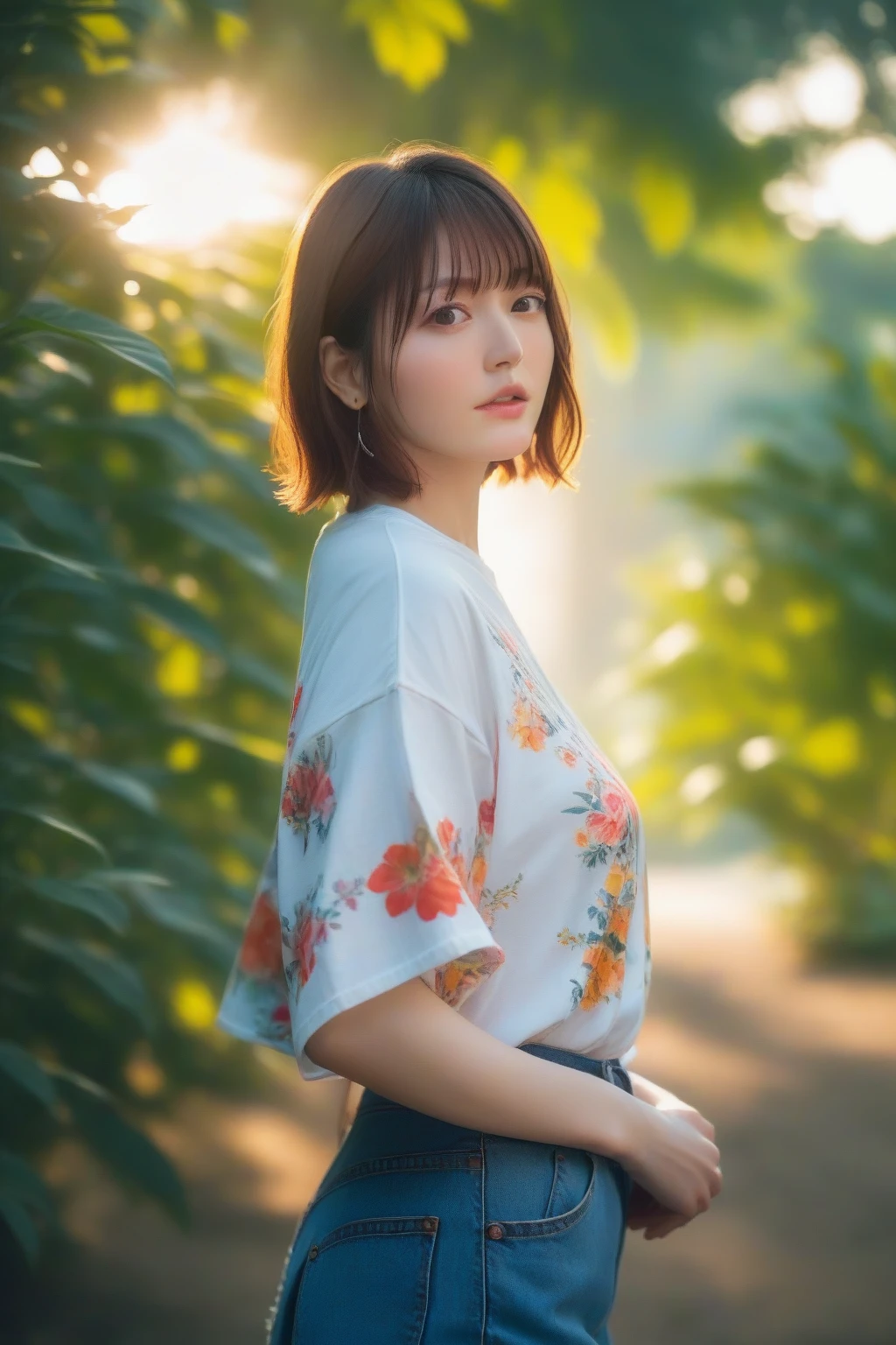 1girl,(RAW photo, best quality), (realistic, photo-realistic:1.4), masterpiece, an extremely delicate and beautiful, extremely detailed, 2k wallpaper, Amazing, finely detail, extremely detailed CG unity 8k wallpaper, ultra-detailed, highres, hard light, beautiful detailed girl, extremely detailed eyes and face, beautiful detailed nose, beautiful detailed eyes,cinematic lighting,
at a park,flower garden,(bokeh:1.2),wearing oversize tshirt and jeans,sunlight
wearing blouse with floral pattern and skirt, <lora:MTAHanazawaKanaXL:1>,short hair
