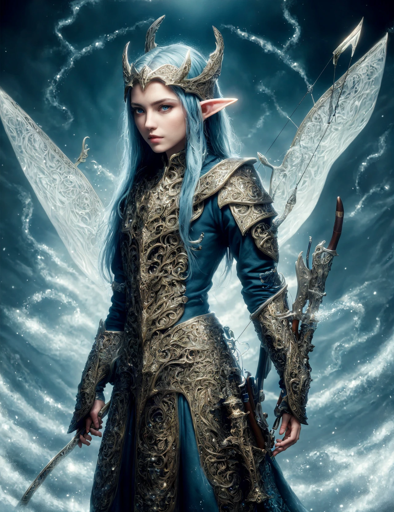 masterpiece, awesome quality, hyper detailed, DonM3lv3nM4g1c swirling ornamented elven magic, female aqualish, gunslinger, quiver (for archers), <lora:DonM3lv3nM4g1c-000005:0.7>