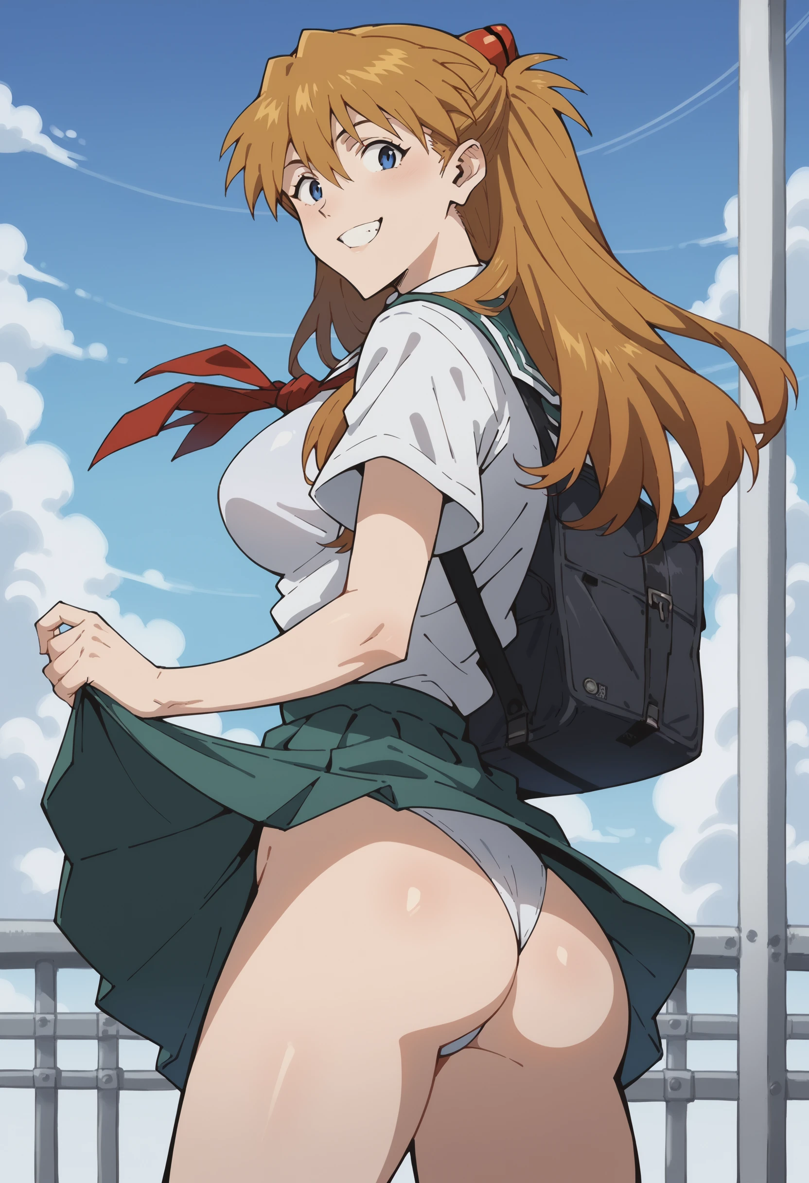 score_9, score_8_up, score_7_up, score_6_up, score_5_up, score_4_up,source_anime,rear view, presenting ass, aimed at viewer,1girl,smile,indoor,large breast,school uniform,<lora:asukatopXL_Pony_v1:1> asklng1, 1girl, long hair, solo, orange hair, blue eyes, <lora:Smooth Anime Style LoRA XL:1>