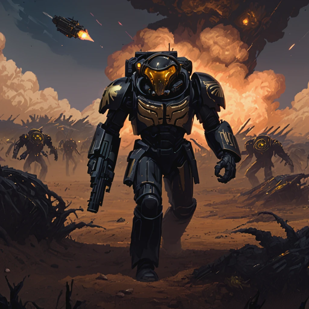 a black and gold trmntr with a gun and helmet walks across an alien battlefield searching for enemies, rockets streak across the sky and explode into the landscape,