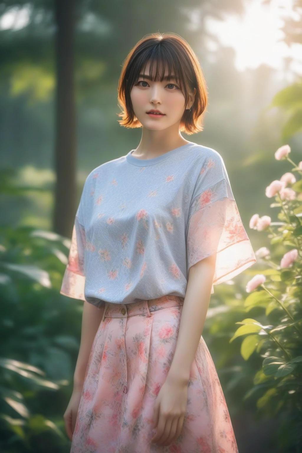 1girl,(RAW photo, best quality), (realistic, photo-realistic:1.4), masterpiece, an extremely delicate and beautiful, extremely detailed, 2k wallpaper, Amazing, finely detail, extremely detailed CG unity 8k wallpaper, ultra-detailed, highres, hard light, beautiful detailed girl, extremely detailed eyes and face, beautiful detailed nose, beautiful detailed eyes,cinematic lighting,
at a park,flower garden,(bokeh:1.2),wearing oversize tshirt and jeans,sunlight
wearing blouse with floral pattern and skirt, <lora:MTAHanazawaKanaXL:1>,short hair