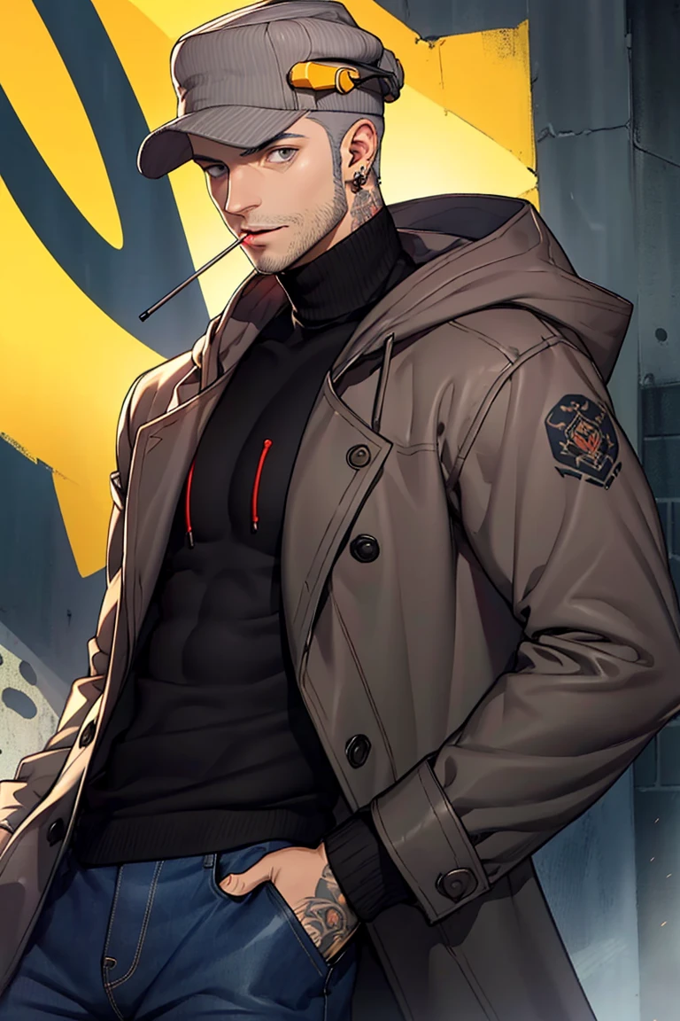 (1 image only), solo male, Munehisa Iwai, Persona, Asian ,Japanese, Weapons Dealer, grey hair, short hair, stubble, grey eyes, sideburns, earrings, a tattoo of a gray-colored gecko on the left side of his neck, gray pin-striped hat with yellow ear defenders, black turtleneck sweater, long gray coat, open coat, coat hood down, simple blue jeans, black leather boots, mature, handsome, charming, alluring, lollipop in his mouth, standing, upper body, perfect anatomy, perfect proportions, (best quality, masterpiece), (perfect eyes), high_resolution, dutch angle, cowboy shot,<lora:EMS-305082-EMS:0.800000>