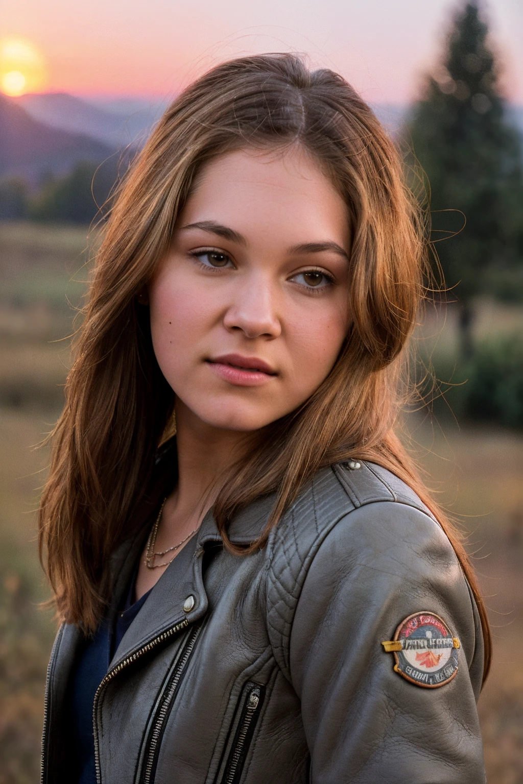photo of (CTI_burglund:0.95), a beautiful young woman, perfect brown hair, (modern photo, grey leather moto jacket with quilted panels and a cropped silhouette:1.1), closeup portrait, 85mm lens, (analog, cinematic, film grain, hazy atmosphere:1.3), ((outside, rivendell background, sunset:1.2)), detailed eyes, (seductive), (looking at viewer), jewelry, (cinematic shot:1.3)
