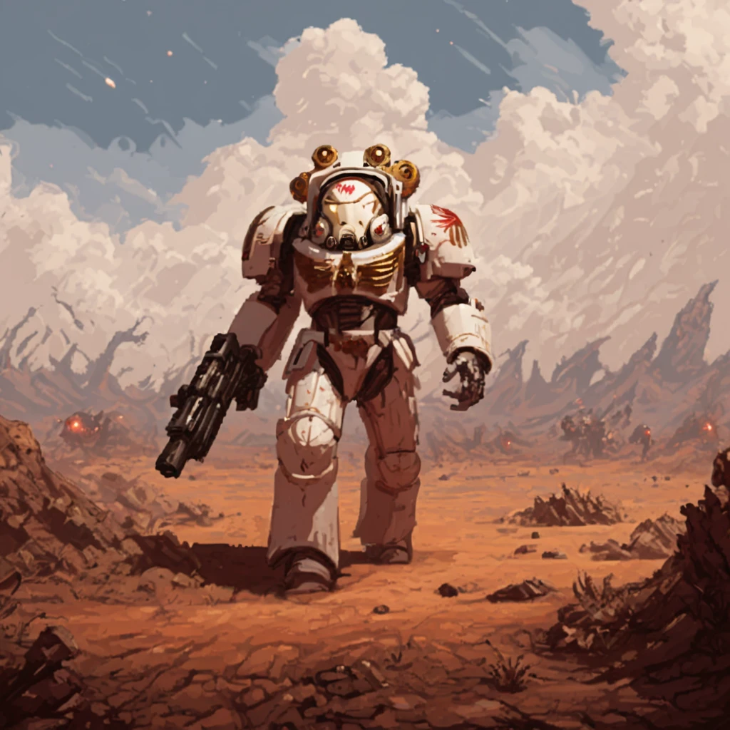 a white and gold trmntr with a red helmet holding an assault cannon walks across an alien battlefield searching for enemies, rockets streak across the sky and explode into the landscape,