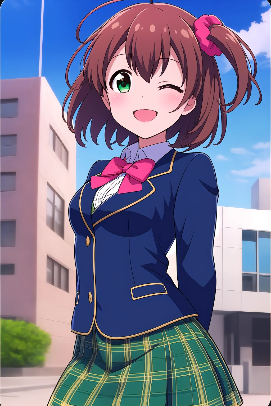 (masterpiece, best quality), highly detailed background, perfect lightingbest quality, hoshitsukimiki, solo, outdoors, building, brown hair, one side up, hair scrunchie, red scrunchie, ahoge, hair between eyes, bangs, short hair, one eye closed, green eyes, medium breasts, blue jacket, blazer, red bowtie, white shirt, long sleeves, arms behind back, green skirt, plaid skirt, school uniform, smile, open mouth, ;d, pink lips, <lora:Hoshitsuki-Miki:0.7>