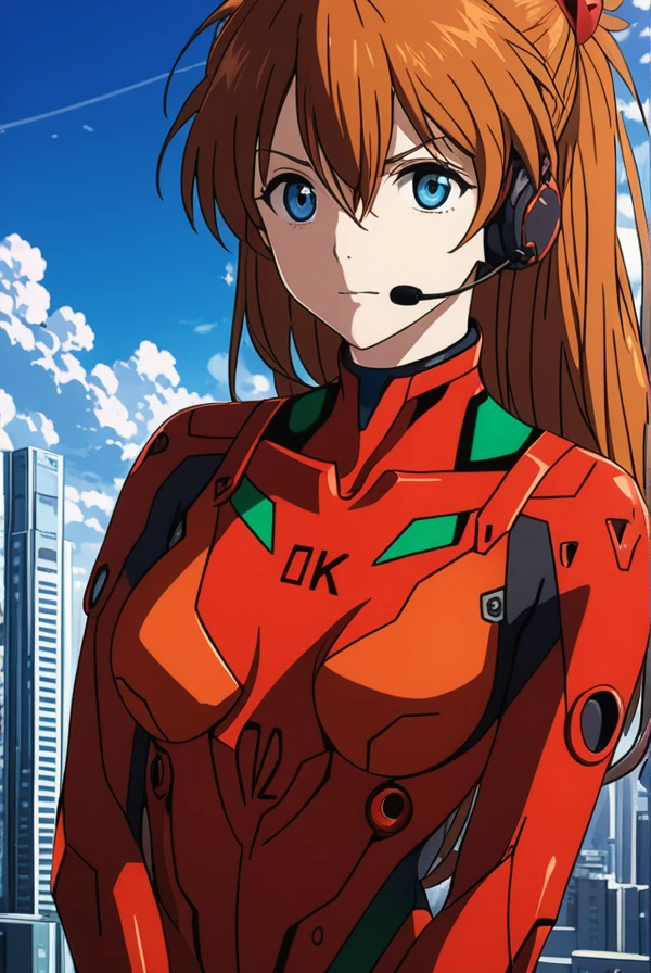 masterpiece, best quality, highres, 4k, 8k, intricate detail, cinematic lighting, amazing quality, amazing shading, soft lighting, Detailed Illustration, anime style,
asukalangley, <lora:asuka_langley_soryuu-sdxl-lora-nochekaiser:0.75>, 
asuka langley soryu, long hair, bangs, blue eyes, brown hair, hair ornament, bodysuit, pilot suit, plugsuit, red bodysuit, interface headset, 
outdoors, city, cityscape, sky, sun, clouds, 
looking at viewer, cowboy shot,