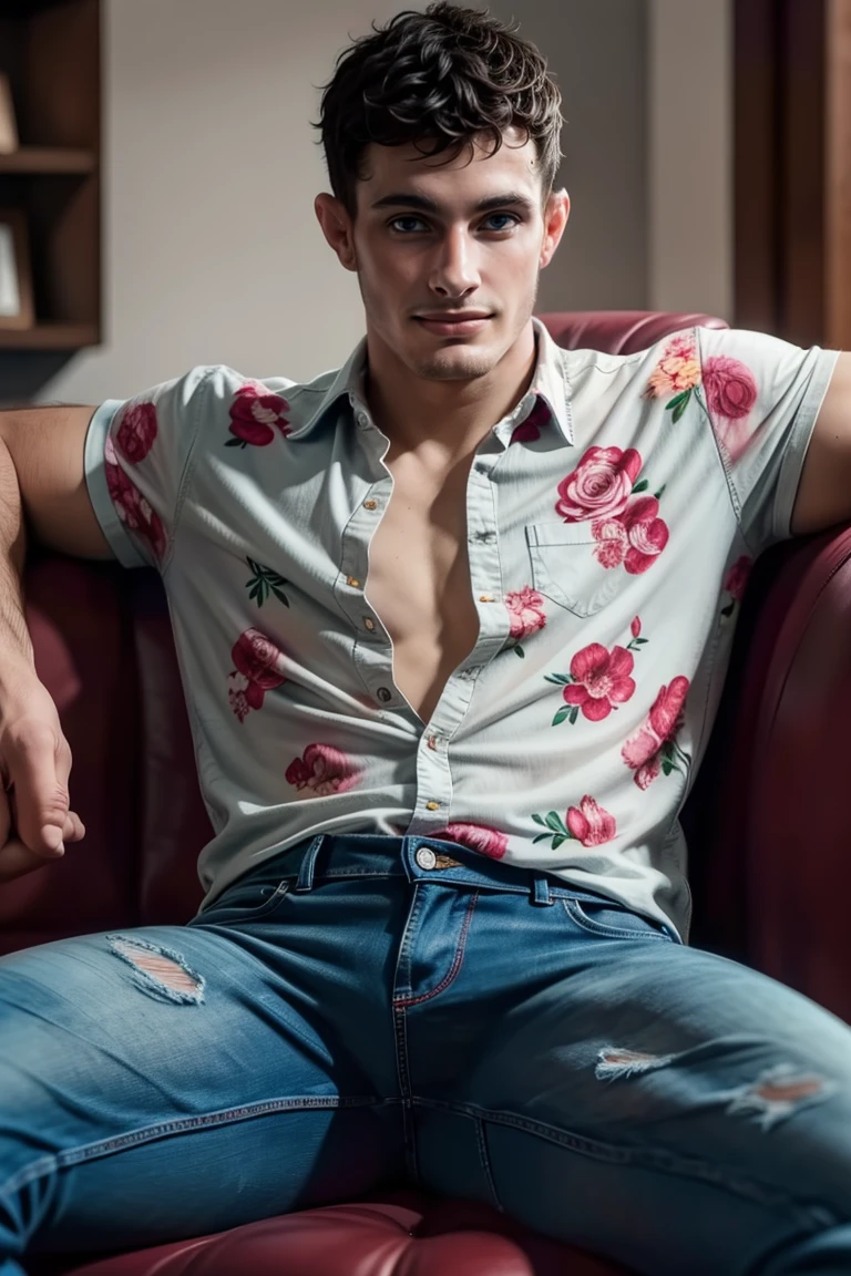 (masterpiece, best quality:1.2), man,solo, 1boy, , (depth of field:1.1), photo of man, smirk, floral shirt, denim jeans, buttoned  shirt, sitting on couch, spread legs, symmetrical body, 
, ,cowboy shot, , masterpiece, highness, perfect face, perfect picture, detailed eyes, sharp focus,High detailed view,photorealistic,<lora:EMS-75454-EMS:0.800000>,<lora:EMS-293331-EMS:1.000000>